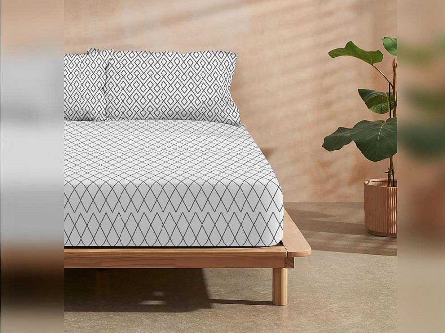 Roupa De Cama | Purline Drap Housse 100% Coton 1 Piece Gris A Losanges 90X200