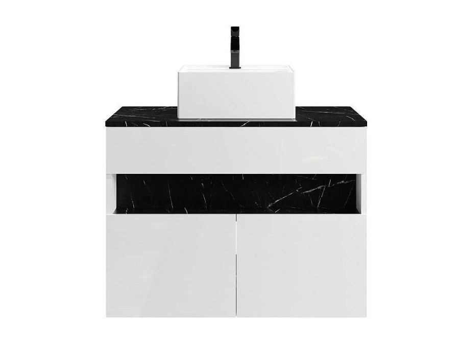 Movel Lavatorio Individual | Vente-unique Movel De Casa De Banho Suspenso Com Leds E Lavatorio De Pousar, Branco E Preto Efeito Marmore C80 Cm - Pozega