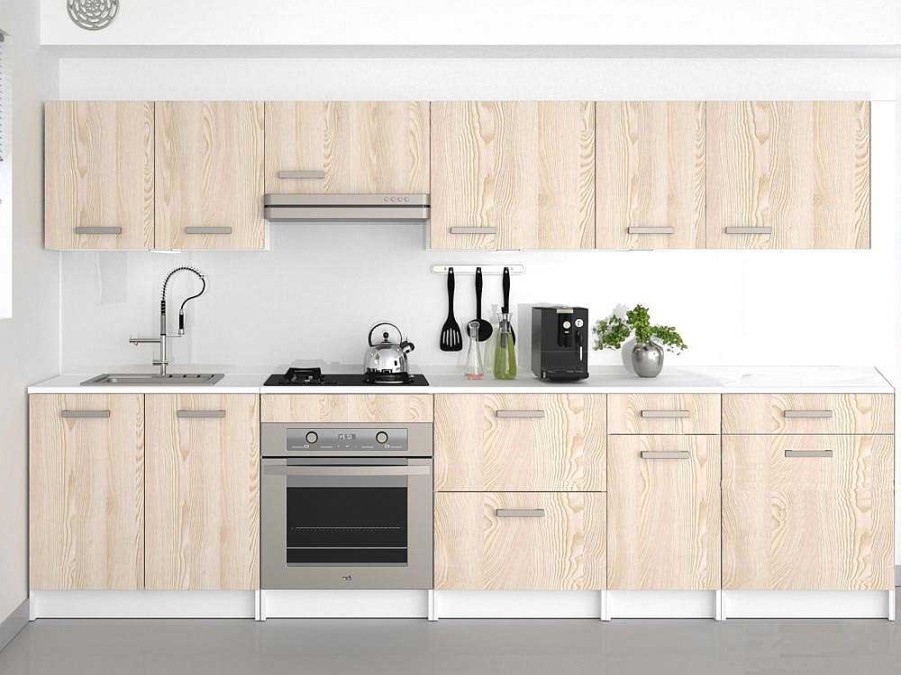 Movel De Cozinha | Vente-unique Cozinha Completa 300 Cm 10 Elementos De Arrumacao Natural E Branco - Trattoria