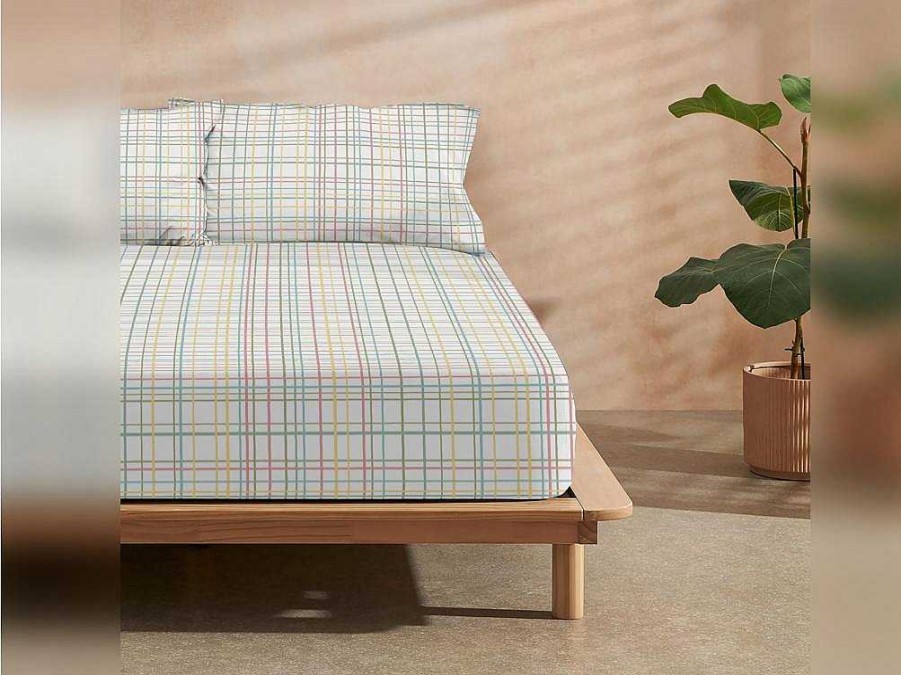 Roupa De Cama | Purline Drap Housse 100% Coton 1 Piece Blanc A Lignes Pastels 140X200