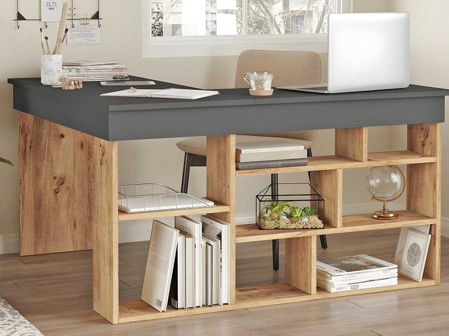 Secretaria | Vente-unique Secretaria De Canto Com Espacos De Arrumacao Cor Antracite E Natural - Lileul