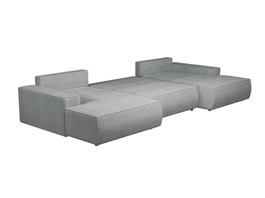Sofa Panoramico | Vente-unique Grande Sofa De Canto Panoramico Convertivel Em Veludo Canelado Cinza-Claro - Amelia