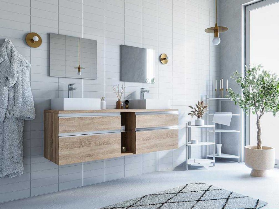 Movel Para Lavatorio | Vente-unique Movel Suspenso De Casa De Banho Cor Natural Clara 150 Cm - Magdalena Ii
