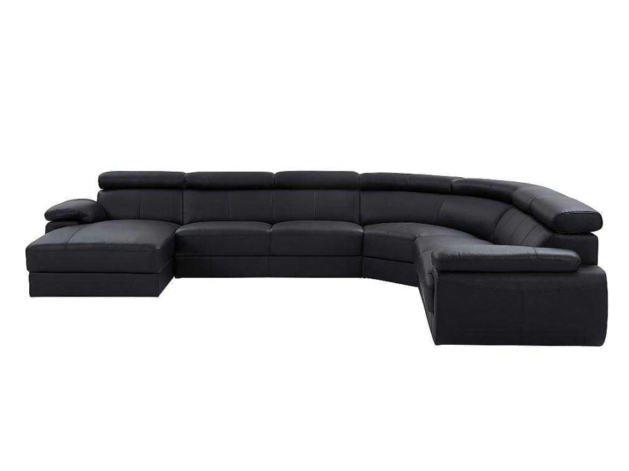 Sofa Panoramico | Vente-unique Grande Sofa De Canto Panoramico 7 Lugares Em Pele Preto - Canto Esquerdo - Elevanto