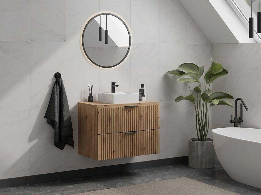 Movel Para Lavatorio | Vente-unique Movel Suspenso Estriado Com Tampo Para Lavatorio Natural Claro C80 Cm - Zevara