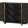 Comoda | Vente-unique Comoda 3 Gavetas E 2 Porta Efeito Marmore Preto, Natural Escuro E Dourado - Cadeba