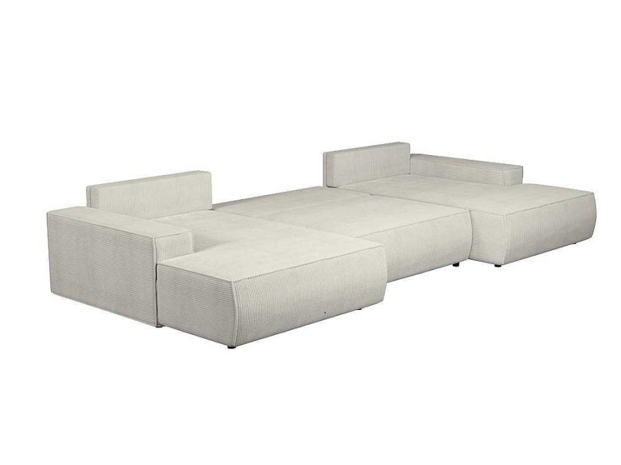 Sofa Panoramico | Vente-unique Grande Sofa De Canto Panoramico Convertivel Em Veludo Canelado Cor Bege - Amelia