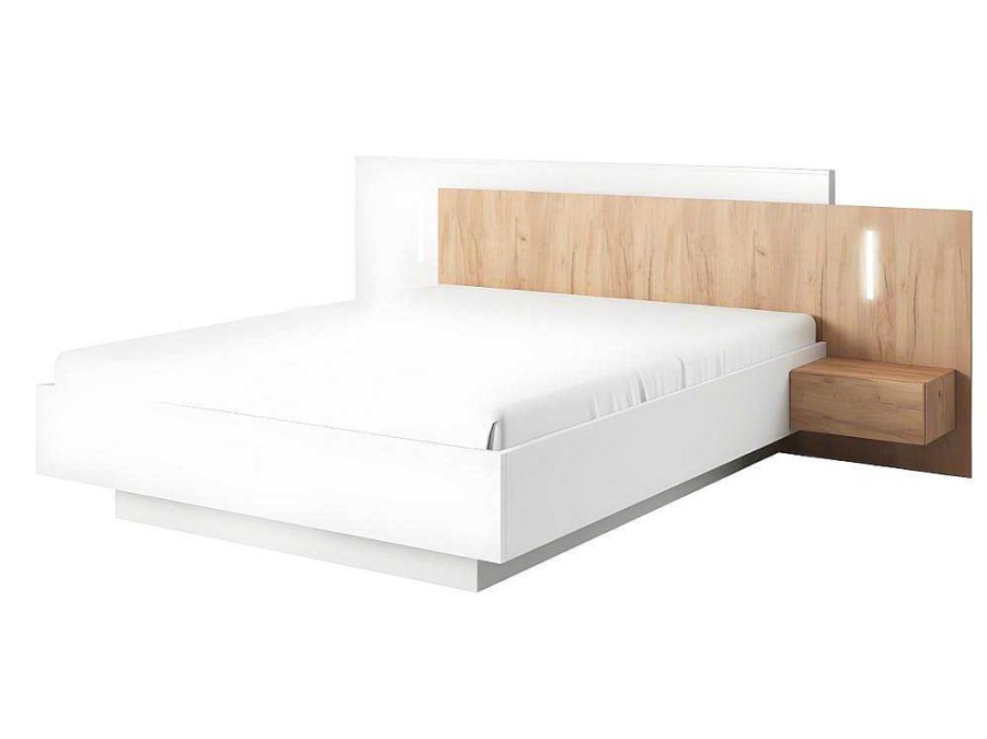 Cama De Adulto | Vente-unique Cama Com Arrumacao E Mesas De Cabeceira 160 X 200 Cm, 2 Gavetas, Com Leds, Branco E Natural + Colchao - Francoli