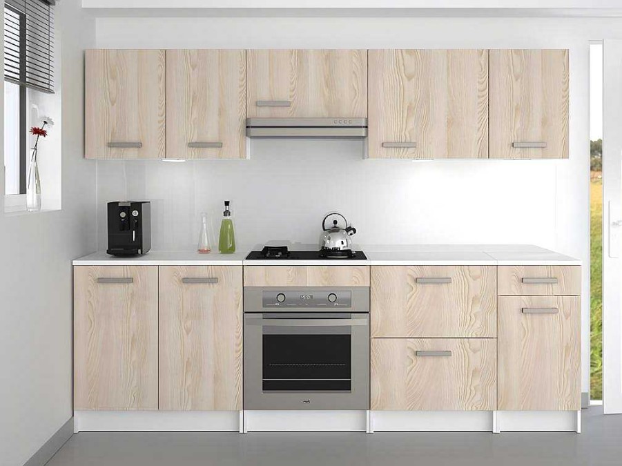 Movel De Cozinha | Vente-unique Cozinha Completa De 240 Cm Com 8 Compartimentos De Arrumacao Cor Carvalho E Branco - Trattoria
