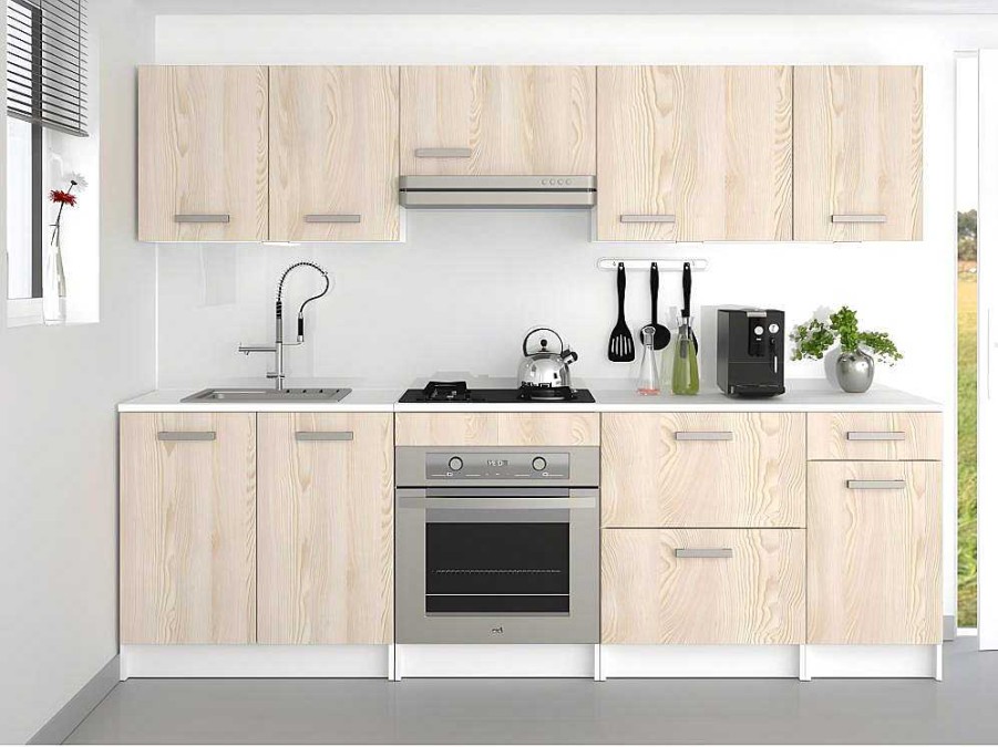 Movel De Cozinha | Vente-unique Cozinha Completa De 240 Cm Com 8 Compartimentos De Arrumacao Cor Carvalho E Branco - Trattoria