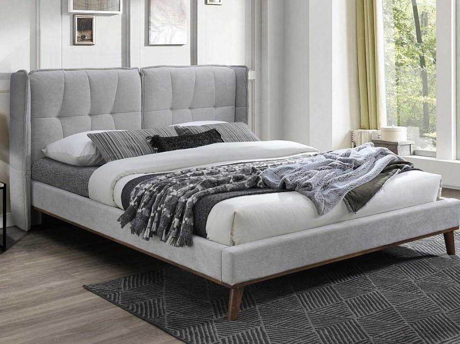 Cama De Adulto | Vente-unique Cama 140 X 200 Cm Com Cabeceira De Cama Acolchoada Linho Cinzento-Claro - Kerano