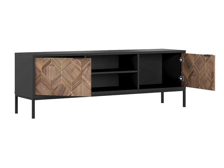 Movel De Tv | Vente-unique Movel De Tv Com 2 Portas E 2 Nichos Preto E Natural Escuro - Mialine