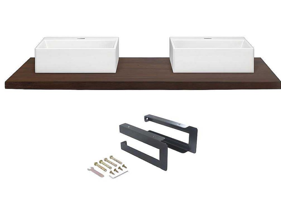 Movel De Parede Para Casa De Banho | Vente-unique Suporte Suspenso Em Teca Escura Com Esquadros De Fixacao Pretos E Lavatorio Duplo De 150 X 50 Cm - Sukawati