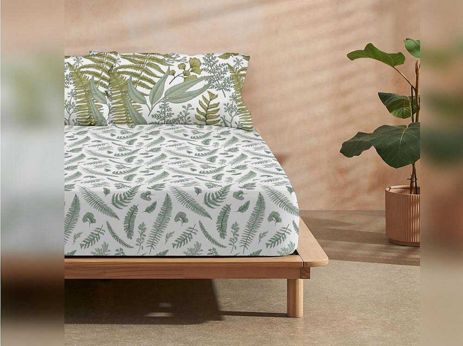 Roupa De Cama | Purline Drap Housse 100% Coton 1 Piece Blanc A Motifs Vegetaux 90X200