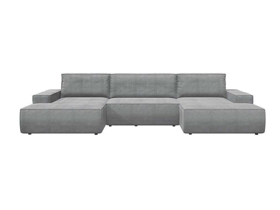Sofa Panoramico | Vente-unique Grande Sofa De Canto Panoramico Convertivel Em Veludo Canelado Cinza-Claro - Amelia