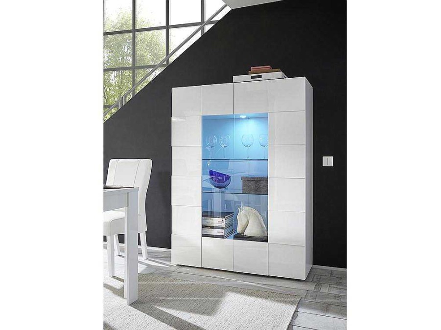 Biblioteca, Vitrina, Estante | Vente-unique Vitrina Com Leds E 2 Portas Em Vidro Lacada A Branco - Calisto