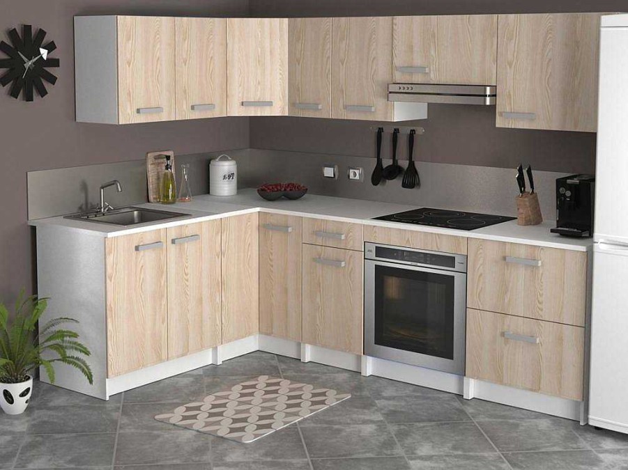 Movel De Cozinha | Vente-unique Cozinha Completa De Canto 11 Elementos De Arrumacao Natural E Branco - Trattoria