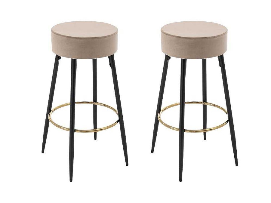 Bancos De Bar | Vente-unique Conjunto De 2 Bancos Altos Veludo E Aco Preto, Bege E Dourado - Belinio I