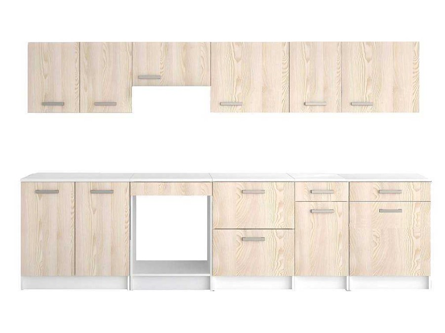 Movel De Cozinha | Vente-unique Cozinha Completa 300 Cm 10 Elementos De Arrumacao Natural E Branco - Trattoria