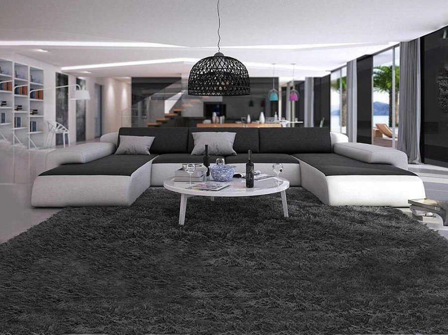 Sofa Panoramico | Vente-unique Grande Sofa Panoramico 7 Lugares Em Pele Sintetica Duas Cores: Branco E Preto Com Almofadas Cinzentas Escuras -Sicile