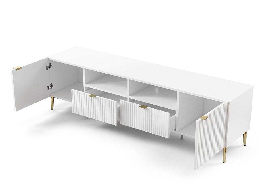 Movel De Tv | Vente-unique Movel De Tv Com 2 Portas, 2 Gavetas E 2 Nichos Em Mdf E Aco Branco E Dourado - Yesinia
