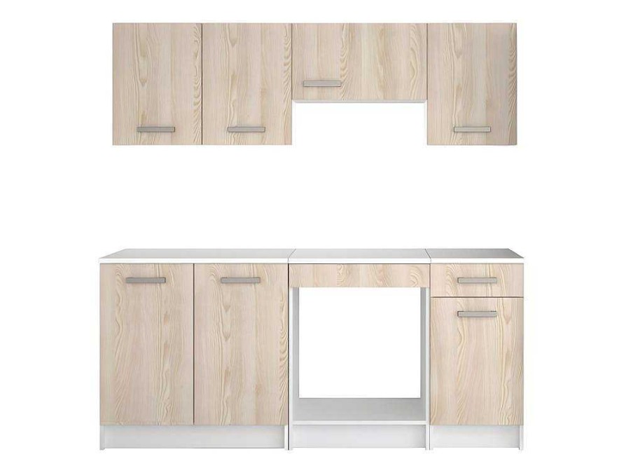 Movel De Cozinha | Vente-unique Cozinha Completa De 180 Cm Com 6 Compartimentos De Arrumacao Cor Carvalho E Branco - Trattoria