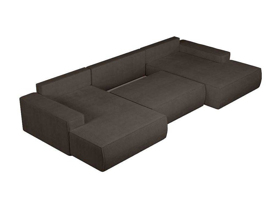 Sofa Panoramico | Vente-unique Grande Sofa De Canto Panoramico Convertivel Em Veludo Canelado Castanho - Amelia