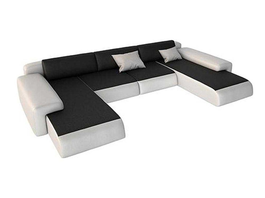 Sofa Panoramico | Vente-unique Grande Sofa Panoramico 7 Lugares Em Pele Sintetica Duas Cores: Branco E Preto Com Almofadas Cinzentas Escuras -Sicile