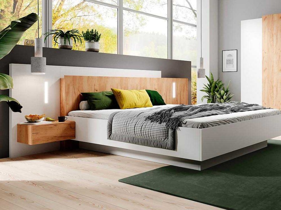 Cama De Adulto | Vente-unique Cama Com Arrumacao E Mesas De Cabeceira 160 X 200 Cm, 2 Gavetas, Com Leds, Branco E Natural - Francoli