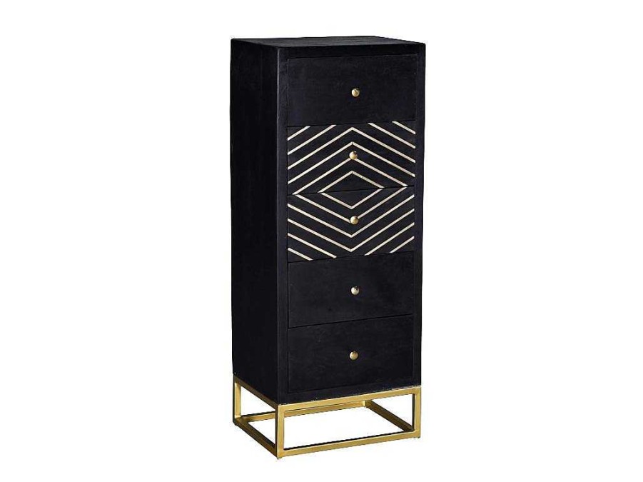Comoda | Vente-unique Comoda Alta Art Deco Prismin - 5 Gavetas - Madeira De Mangueira E Metal - Preto E Dourado