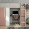 Cama Alta | Vente-unique Cama Alta De 90 X 200 Cm Com Guarda-Roupa E Secretaria Cor-De-Rosa E Branco - Nicolas