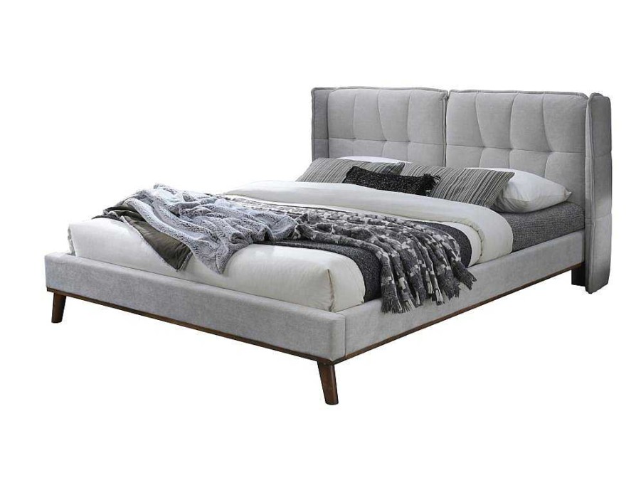 Cama De Adulto | Vente-unique Cama 140 X 200 Cm Com Cabeceira De Cama Acolchoada Linho Cinzento-Claro - Kerano