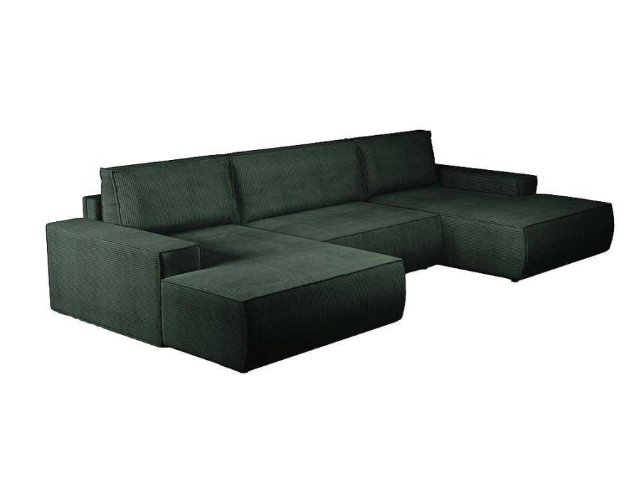Sofa Panoramico | Vente-unique Grande Sofa De Canto Panoramico Convertivel Em Veludo Canelado Verde Abeto Abeto - Amelia