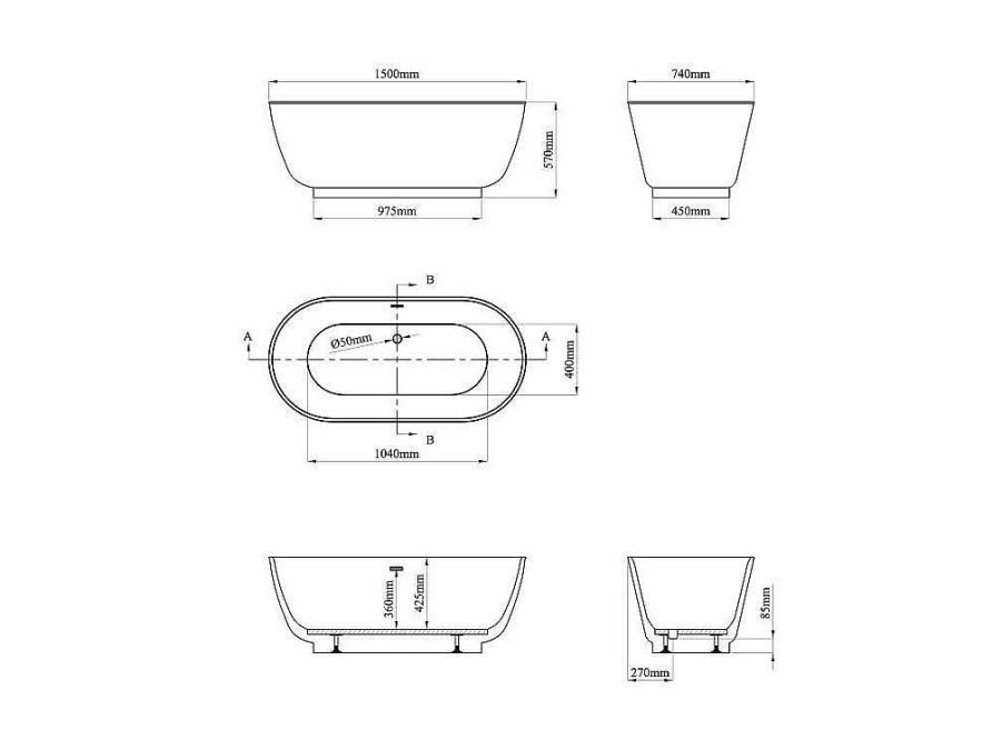 Banheira De Pousar | Shower & Design Banheira Classica Oval 210 L, 150 X 74 X 57 Cm Braco Acrilico - Mobula