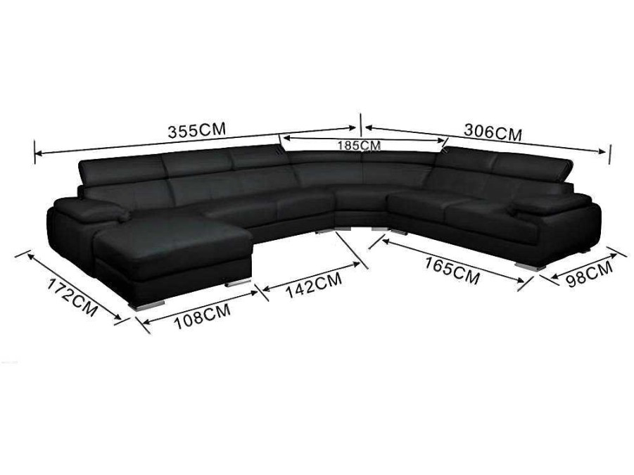 Sofa Panoramico | Vente-unique Grande Sofa De Canto Panoramico 7 Lugares Em Pele Preto - Canto Direito - Elevanto