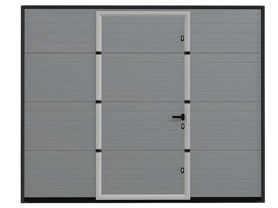 Porta De Garagem | Somfy Porta De Garagem Seccionada Efeito Ranhurado Com Porta Central Cinza Com Motor Somfy - Noria