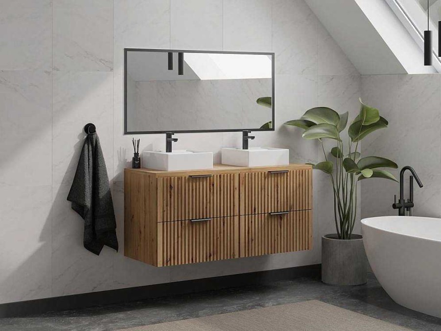 Movel Para Lavatorio | Vente-unique Movel Suspenso Estriado Com Tampo Para Lavatorio Natural Claro C120 Cm - Zevara